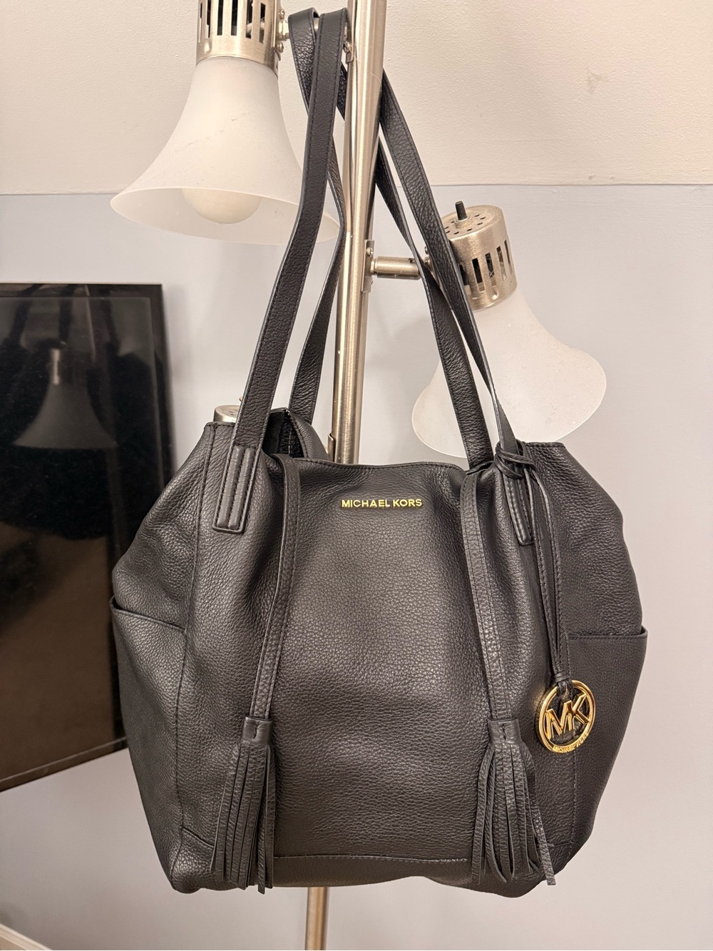 Michael Kors Black Leather Shoulder Tote with Gold Logo